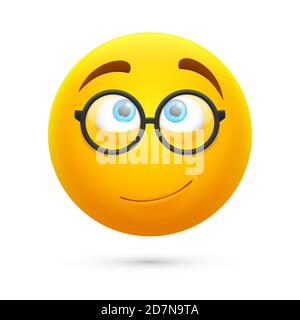 Dessin animé jaune 3d visage smiley. Adorable geek vecteur emoji isolé sur fond blanc. Illustration de l'expression de geek et de nerd emoji Illustration de Vecteur