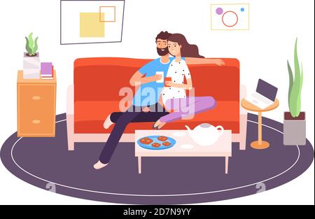 Couple romantique dans la chambre. Petite amie et petit ami assis sur un canapé dans l'appartement. Personnes romantiques, femmes ensemble concept de vecteur intérieur. Illustration d'une petite amie et d'un petit ami assis sur un canapé Illustration de Vecteur