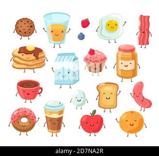 Personnages de la nourriture du petit déjeuner. Drôle de dessin animé déjeuner pomme oeufs toast gâteau sel. Petit déjeuner savoureux comic Friends Vector Set. Illustration du déjeuner, du pain grillé et du café, du pain et du bacon Illustration de Vecteur
