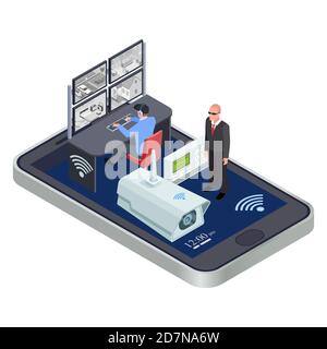 Concept de vecteur isométrique du système de sécurité mobile WiFi Connect. Sécurité réseau cctv sans fil utilisation d'un smartphone et illustration du système électronique Illustration de Vecteur