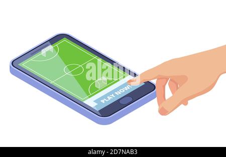 Terrain de football isométrique sur smartphone - sport jeux application mobile vecteur concept. Jeu de sport sur smartphone, application football illustration isométrique Illustration de Vecteur