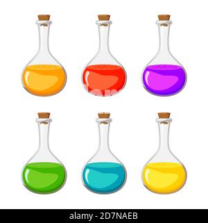 Collection de vecteurs de potion magique .Elixir en bouteille de verre isolée sur blanc. Illustration d'un flacon coloré avec substance chimique. Les médicaments contiennent Illustration de Vecteur