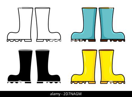 Illustration de la bande dessinée de bottes de pluie Wellington isolée sur fond blanc. Jeu de bottes en caoutchouc, clip vectoriel art. Illustration de Vecteur