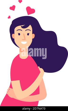 Femme auto-hug. Estime de la femme amour de soi, narcissique jeune fille souriante confiance en soi concept de vecteur créatif. Illustration du comportement de la femme estime de soi Illustration de Vecteur