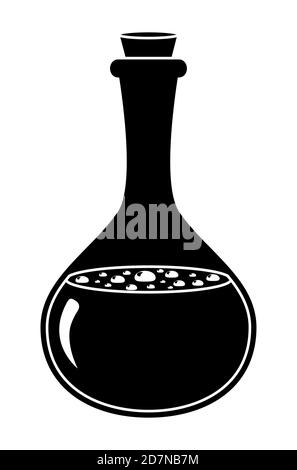 Élixir en verre bouteille vecteur silhouette isolée sur blanc. Forme noire de potion magique. Illustration d'un flacon noir et blanc avec substance chimique Illustration de Vecteur