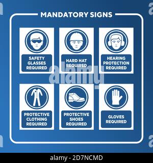 Panneaux d'avertissement obligatoires utilisés dans les applications industrielles. Ensemble d'étiquettes de sécurité pour les travailleurs. Lunettes, casque, audition, vêtements, chaussures, gants. Illustration de Vecteur