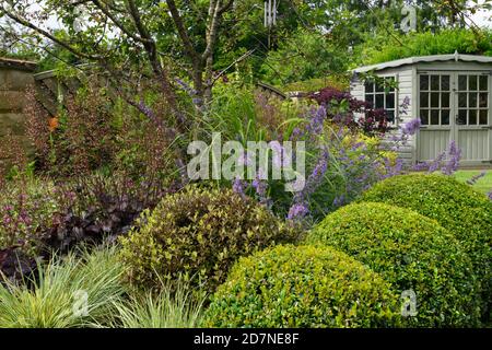 Jardin privé paysagé en gros plan (fleurs d'été, plantes de bordure mixtes, arbustes, balles de cerisier, abri d'été) - Yorkshire, Angleterre Royaume-Uni Banque D'Images