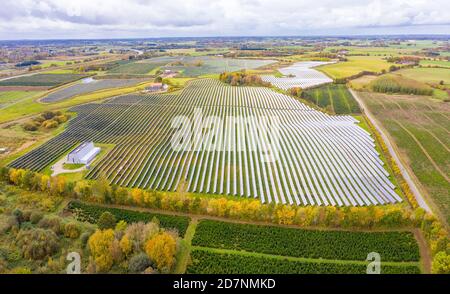 Parc d'énergie solaire à Silkeborg, Danemark. Il couvre une superficie de 156.000 m2 ou 22 terrains de football et dispose de 12,000 panneaux solaires. Banque D'Images