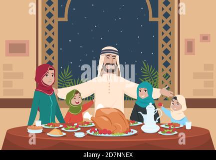 Dîner du ramadan musulman. Famille saoudienne avec des enfants qui mangent à la maison. Illustration du vecteur de dessin animé de Ramadan. Vacances musulmanes ramadan, dîner en famille Illustration de Vecteur