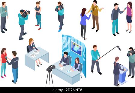 Journaliste isométrique. Camera man tv crew studio presse news broadcast journalistes mass media broadcast radio interview 3d Vector Set. Illustration de journaliste de télévision isométrique, journaliste de presse Illustration de Vecteur