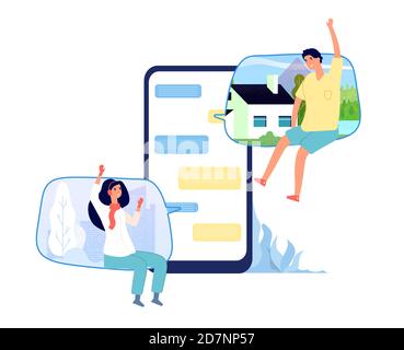 Personnes dans le chat en ligne. Homme femme discutant couple écrivant sur l'écran du téléphone. Message d'amour virtuel sur Internet avec concept vectoriel de smartphone. Illustration du chat en ligne, réseau de communication femme et homme Illustration de Vecteur