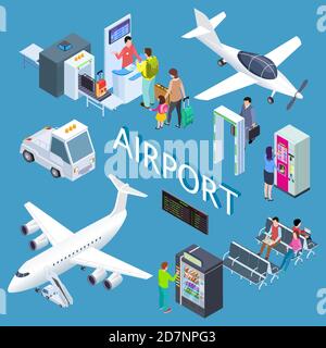 Ensemble isométrique Airoport avec aire d'attente, bar à snacks, comptoir d'enregistrement, illustration vectorielle d'avions. Avion de voyage isométrique, sécurité aéroport Illustration de Vecteur