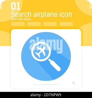 rechercher l'icône avion premium flat sur un fond de cercle bleu isolé sur fond blanc. Loupe avec pictogramme d'illustration vectorielle et icône d'avion Illustration de Vecteur