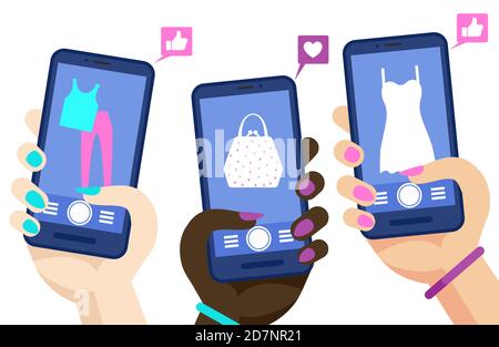 Concept de vecteur en ligne d'achat par téléphone. Illustration des pages de marketig sur les réseaux sociaux avec des mains tenant des smartphones. Web en ligne acheter des vêtements, achat de marketing Illustration de Vecteur