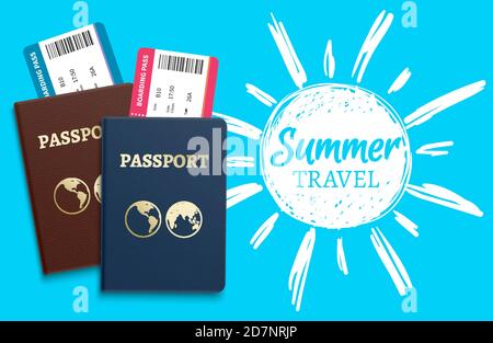 Arrière-plan vectoriel de voyage d'été avec soleil de croquis et passeports réalistes. Illustration du passeport pour le tourisme, les vacances et les vacances, billet de voyage Illustration de Vecteur
