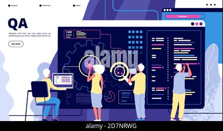 Atterrissage AQ. Assurance qualité des tests logiciels. Personnes corrigeant des bogues dans les périphériques matériels. Conception de page Web vectorielle. Illustration de l'équipe qa, logiciel d'assurance qualité Illustration de Vecteur
