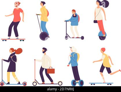 Des personnes qui font du skateboard. Homme femme avec des véhicules électriques à moteur à roulettes long-board scooter skate personnages vectoriels isolés. Promenade en vélo à bord d'un skateboard et illustration moderne du transport électrique Illustration de Vecteur