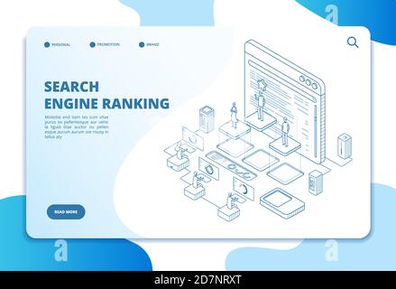 Page d'arrivée du classement du moteur de recherche. Marketing et analyse de SEO, résultat de classement en ligne. Stratégie Internet 3d vecteur isométrique concept. Illustration du site d'optimisation du moteur de recherche Illustration de Vecteur