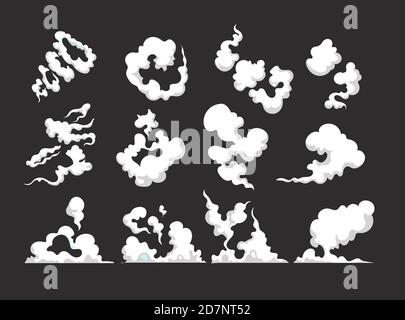 Fumée de dessin animé. Voiture fumeur mouvement nuages cuisiner smog odeur poussière toxique explosion vecteur isolé bande dessinée. Nuage de smog, illustration de l'effet de fumée de poussière Illustration de Vecteur