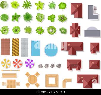 Vue de dessus éléments de jardin. Maisons aériennes, arbres verts et buissons, piscine et bancs pour le paysage architectural plan éléments vectoriels ensemble isolé Illustration de Vecteur