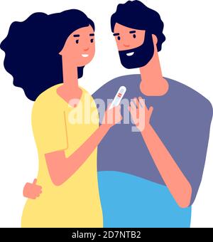 Test de grossesse. Jeune couple heureux regardant le test de grossesse montrant deux lignes. Concept de vecteur de soins de santé de planification familiale. Test médical, femme de grossesse montrer l'illustration homme test Illustration de Vecteur