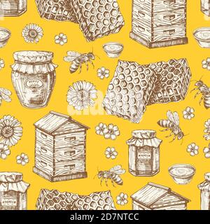 Motif sans couture au miel dessiné à la main avec des bocaux, des abeilles, des fleurs et des ruches. Illustration de l'abeille et du miel doux, cire d'abeille naturelle Illustration de Vecteur