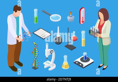 Scientifiques et équipement expérimental. Ensemble vectoriel d'équipement de laboratoire chimique ou médical isométrique. L'homme et la femme scientifiques font des tests expérimentaux dans l'illustration de laboratoire Illustration de Vecteur