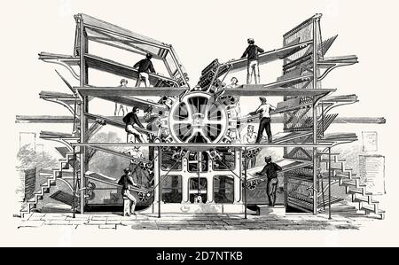 Une ancienne gravure montrant une presse d'impression rotative à 10 cylindres de Hoe c.1860. Il est issu d'un livre victorien d'ingénierie mécanique des années 1880. R Hoe & Company était un fabricant de presses à imprimer basé à New York, établi en 1805 sous le nom de Smith, Hoe & Company. L'impression à tambour rotatif a été inventée par Richard March Hoe en 1843. Un modèle à six cylindres a pu produire 166,000 16 pages de journaux par heure. Une presse d'impression rotative est une presse d'impression dans laquelle les images ou les pages à imprimer sont courbées autour d'un cylindre. Banque D'Images