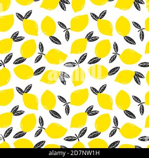 Citrons jaunes Doodle avec motif sans couture vectoriel de feuilles. Illustration d'un fond de citron jaune, motif d'agrumes alimentaires Illustration de Vecteur