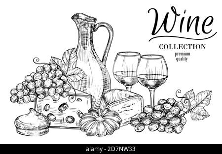 Carafe de vin, fromage, bonbons et verres esquisse le fond vectoriel. Buvez de l'alcool dans des verres de vin, illustration de la qualité du domaine Illustration de Vecteur