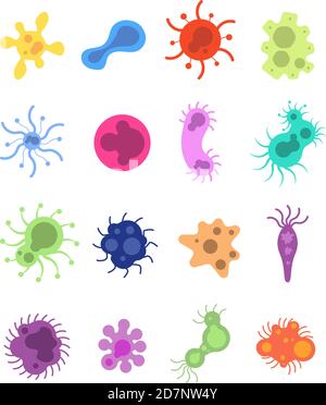 Ensemble de germes. Virus de la grippe cellules de toxine microbes amibe épidémiologie bactéries maladie germe grippe cellule microbiologie ensemble de vecteurs isolés. Amibe et grippe, cellule et maladie, illustration de la bactérie de la maladie Illustration de Vecteur