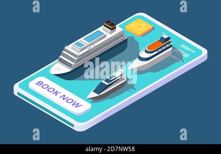 Application mobile pour réserver une croisière avec bateau ou yacht, concept vectoriel isométrique. Illustration de voyage mer et bateau, yacht transport 3d isométrique en ligne Illustration de Vecteur