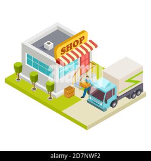 Livraison de pain à une petite illustration isométrique vectorielle de magasin. Magasin de pain 3d, camionnette d'expédition Illustration de Vecteur