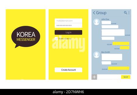 Messager coréen. Interface Kakao talk avec boîtes de dialogue, connexion et création d'un modèle de vecteur de page de compte. Illustration de l'interface d'application Kakao korean pour smartphone Illustration de Vecteur