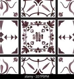 Carreaux décoratifs aquarelle peints à la main, motif sans couture. Banque D'Images