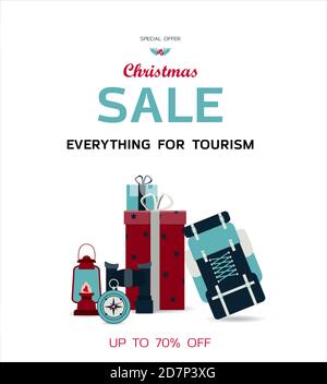 Grande vente de Noël de biens pour le tourisme. Illustration plate avec texte, tente de camping, sac à dos, et articles pour l'alpinisme, le tourisme, et le sport. Bannière pour la publicité dans un magasin, hypermarché, site Web, application. Image pour une brochure ou un livret. Offrez des réductions sur les soldes du Vendredi fou et du nouvel an. Illustration de Vecteur