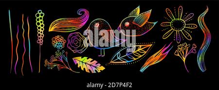 Ensemble de fleurs décoratives feuilles et oiseaux. Motif multicolore. Supports mixtes. Illustration vectorielle Illustration de Vecteur