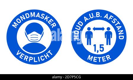 Icônes en néerlandais Mondmasker verplicht (masques de visage requis) et Houd a.u.b. afstand (Veuillez garder votre distance) 1,5 mètres. Image vectorielle. Illustration de Vecteur