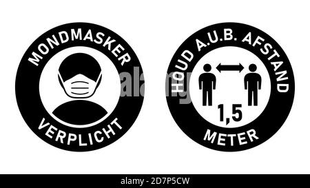 Icônes en néerlandais Mondmasker verplicht (masques de visage requis) et Houd a.u.b. afstand (Veuillez garder votre distance) 1,5 mètres. Image vectorielle. Illustration de Vecteur