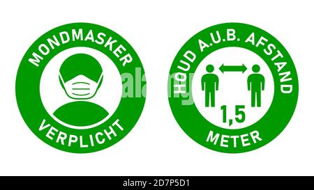 Icônes en néerlandais Mondmasker verplicht (masques de visage requis) et Houd a.u.b. afstand (Veuillez garder votre distance) 1,5 mètres. Image vectorielle. Illustration de Vecteur