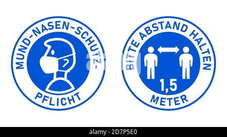 Icônes en allemand Mund-Nasen-Schutz-Pflicht (masques de visage requis) et Bitte abstand Halten (Veuillez garder votre distance) 1,5 mètres. Image vectorielle. Illustration de Vecteur