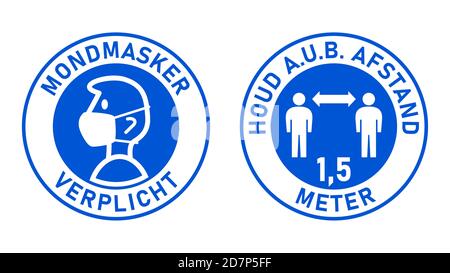 Icônes en néerlandais Mondmasker verplicht (masques de visage requis) et Houd a.u.b. afstand (Veuillez garder votre distance) 1,5 mètres. Image vectorielle. Illustration de Vecteur