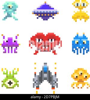 Envahisseurs d'espace, ennemis de jeu dans le style d'art de pixel Illustration de Vecteur