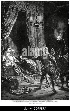 Le fugitif Huguenot dans le lit-chambre de la reine de Navarre, dessiné par A. de Neuville, Illustration, Histoire du monde de Ridpath, Volume III, par John Clark Ridpath, LL. D., Merrill & Baker Publishers, New York, 1897 Banque D'Images