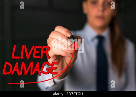 Texte écrit mot foie dommages. Photo d'affaires présentant tout trouble de la cirrhose du foie ou de la cicatrisation de la courbe numérique du foie qui augmente Banque D'Images