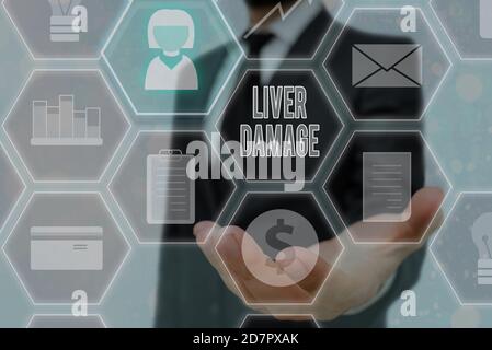 Écriture de texte écriture foie endommagé. Photo conceptuelle tout désordre de la cirrhose du foie ou de la cicatrisation des grilles du foie et de la configuration différente de la Banque D'Images