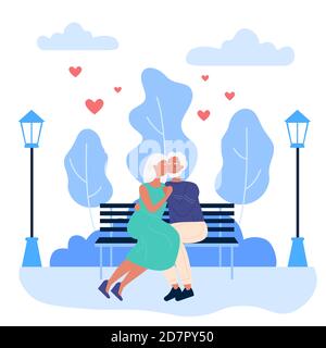 Personnes âgées heureux couple sur la datation romantique dans le parc illustration de vecteur. Amant de bande dessinée femme senior homme en amour ayant la date aimante la nuit, assis sur le banc de parc urbain de la ville et embrassant l'arrière-plan Illustration de Vecteur