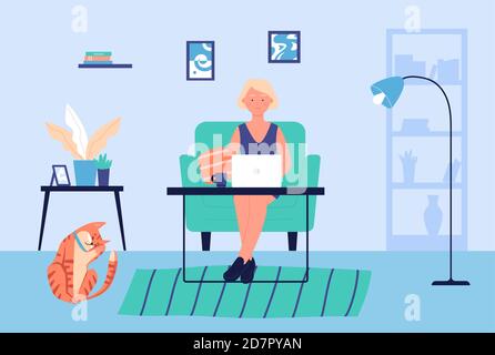 Illustration vectorielle travail freelance au bureau à domicile. Caricature femme souriante freelance personnage travaillant en ligne avec ordinateur portable, jeune femme assise dans la maison moderne intérieur de chambre, fille freelance arrière-plan Illustration de Vecteur