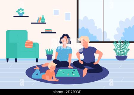 Les membres de la famille jouent à un jeu de société à la maison illustration vectorielle. Personnages de dessin animé de mère, de père et d'enfant jouant ensemble, assis sur le sol du salon pendant les vacances d'hiver. Arrière-plan de l'enfance heureux Illustration de Vecteur