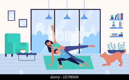 Illustration vectorielle de la formation des membres de la famille à la maison. Animateur de dessin animé mère et son enfant personnage faire sport planche exercice dans la maison fitness entraînement, mode de vie sain en hiver vacances arrière-plan Illustration de Vecteur